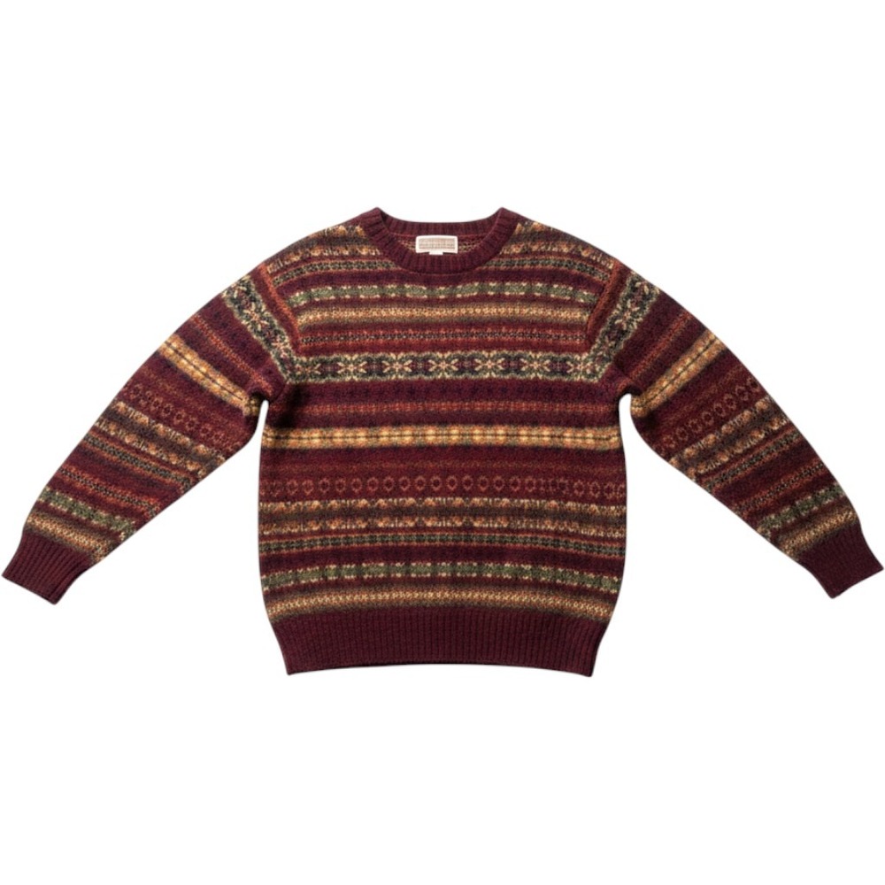 Newton Trading Co Women Burgundy Fair Isle 100% Shetland Wool Crew Sweater L